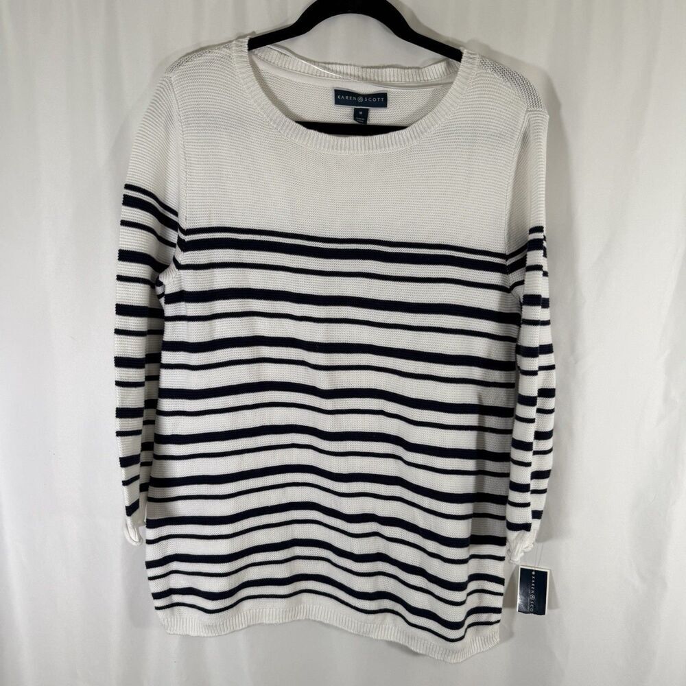 New Karen Scott Blouse Women's Medium White Striped Knit 3/4 Sleeve Round Neck
